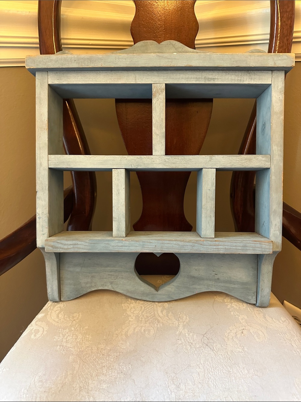 Handmade distressed blue wooden farmhouse style trinket miniature shelf w/heart